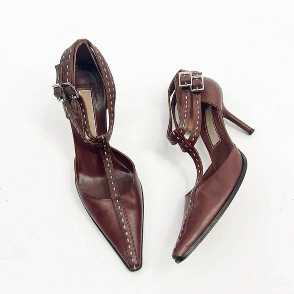 Michael Kors T-Strap Hand Stitched Pointed Toe Brown Heels size 7.5